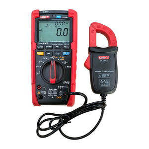 UNI-T UT-CS06A 400A AC Current Clamp Sensor – Clamp Adapter for Multimeters, 1mV/A Output, 28mm Jaw, CAT III 300V - connected to a red and black UNI-T UT196 digital multimeter displaying 0.00 mV on its screen.