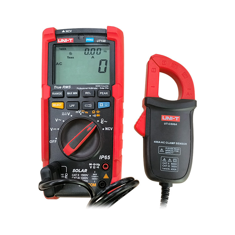 UNI-T UT-CS06A 400A AC Current Clamp Sensor – Clamp Adapter for Multimeters, 1mV/A Output, 28mm Jaw, CAT III 300V - shown connected to a red and black UNI-T UT196 digital multimeter displaying 0.00 A on its LCD screen.