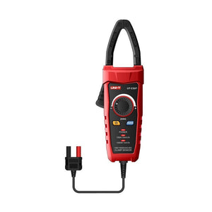 UNI-T UT-CS07 1000A AC/DC Current Probe (Clamp Sensor) for Digital Multimeters – CAT III 1500V, 50–400 Hz - a red handheld device with a top jaw, central rotary dial, power and range buttons, and a dual-plug output cable.