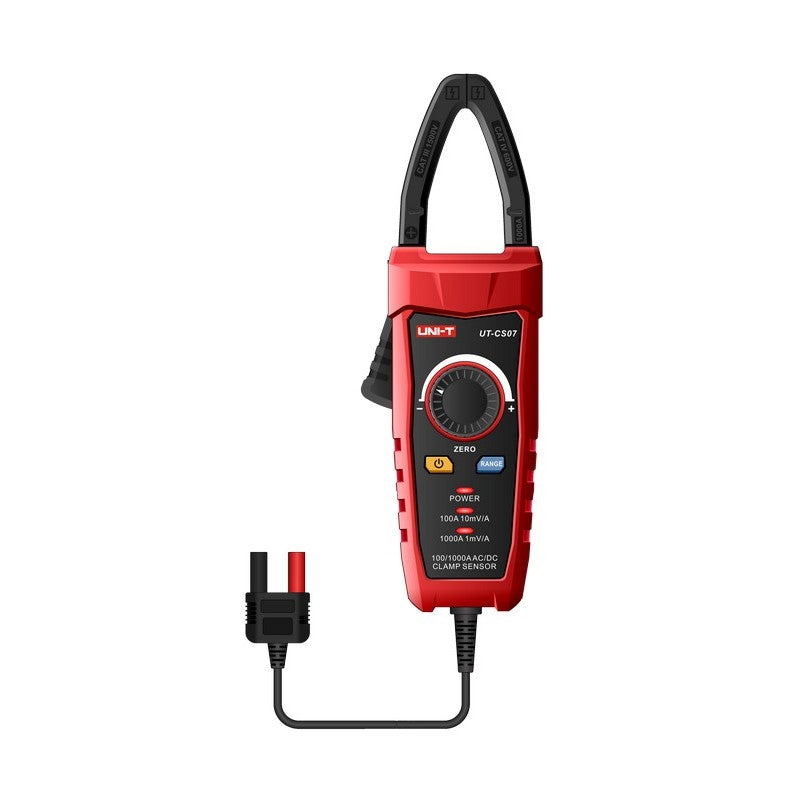 UNI-T UT-CS07 1000A AC/DC Current Probe (Clamp Sensor) for Digital Multimeters – CAT III 1500V, 50–400 Hz - a red handheld device with a top jaw, central rotary dial, power and range buttons, and a dual-plug output cable.