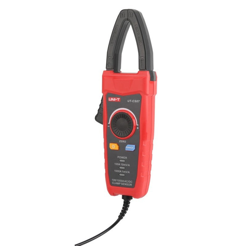 UNI-T UT-CS07 1000A AC/DC Current Probe (Clamp Sensor) for Digital Multimeters – CAT III 1500V, 50–400 Hz - a central adjustment knob, power and range buttons, and indicator lights for settings.
