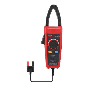 UNI-T UT-CS07 1000A AC/DC Current Probe (Clamp Sensor) for Digital Multimeters – CAT III 1500V, 50–400 Hz - a red and black clamp sensor with a rotary zero knob, power and range buttons, and a dual-prong output connector.