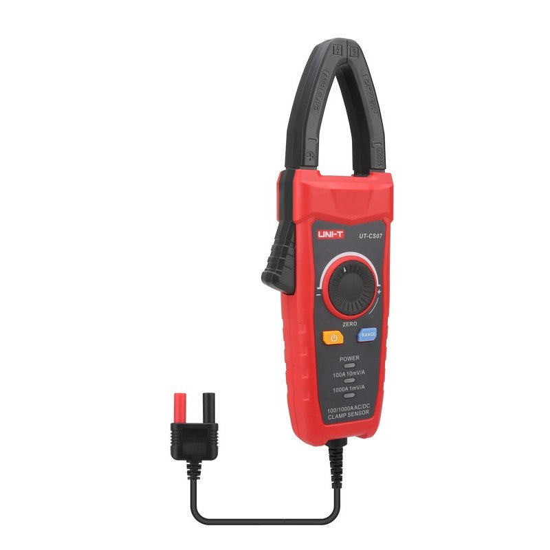 UNI-T UT-CS07 1000A AC/DC Current Probe (Clamp Sensor) for Digital Multimeters – CAT III 1500V, 50–400 Hz - a red and black clamp sensor with a rotary dial, zero button, power button, range button, and a dual-plug output cable.