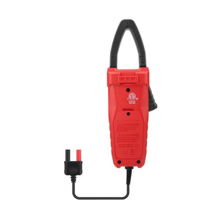 UNI-T UT-CS07 1000A AC/DC Current Probe (Clamp Sensor) for Digital Multimeters – CAT III 1500V, 50–400 Hz - a red clamp sensor with a black jaw, a black cable, and a dual-pin connector, shown from the back.
