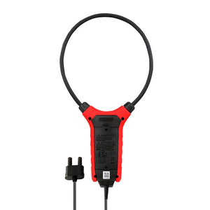 UNI-T UT-CS09D Flexible Rogowski Current Clamp Sensor – 1.5A to 3000A AC, 45.7cm (18") Flex Coil, BNC Output, 1m Drop-Proof, CAT IV 600V - the red handle, black flexible coil, and a BNC connector on a cable against a white background.