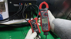 UNI-T UT-CS09D Flexible Rogowski Current Clamp Sensor – 1.5A to 3000A AC, 45.7cm (18") Flex Coil, BNC Output, 1m Drop-Proof, CAT IV 600V - with a UNI-T UT208B clamp meter showing a 18.20 reading on its digital display.