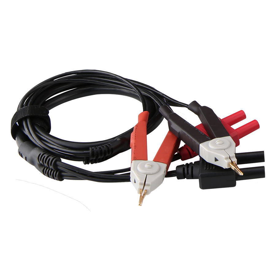 UNI-T UT-L87 Kelvin Clip Test Leads – 4-Terminal Kelvin Crocodile Clip Cable for LCR / Micro-Ohm Meters - a coiled black cable with two red and black Kelvin clips and four banana plug connectors.