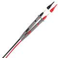 UNI-T UT-L90 Fine-Tip Test Probes (Test Leads) – CAT II 1000V, 10A, 1.2 m for Multimeters & Clamp Meters - show a pair of black and red multimeter test leads with two detached protective tip caps positioned above them.
