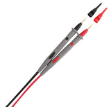 UNI-T UT-L90 Fine-Tip Test Probes (Test Leads) – CAT II 1000V, 10A, 1.2 m for Multimeters & Clamp Meters - show a pair of black and red multimeter test leads with two detached protective tip caps positioned above them.