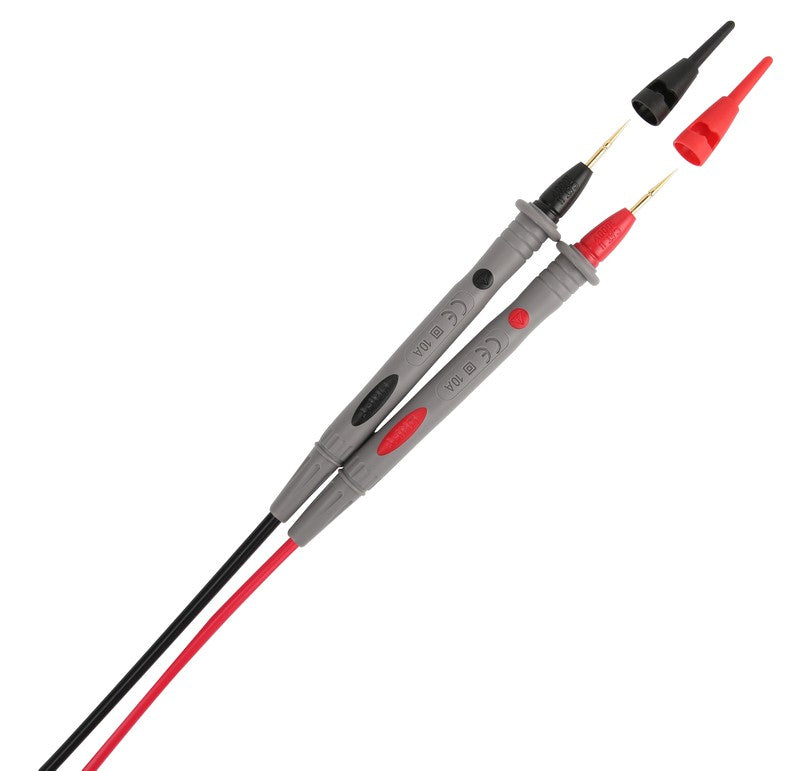 UNI-T UT-L90 Fine-Tip Test Probes (Test Leads) – CAT II 1000V, 10A, 1.2 m for Multimeters & Clamp Meters - show a pair of black and red multimeter test leads with two detached protective tip caps positioned above them.