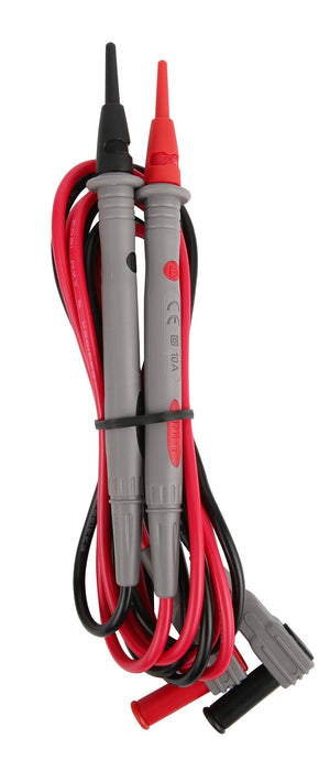 UNI-T UT-L90 Fine-Tip Test Probes (Test Leads) – CAT II 1000V, 10A, 1.2 m for Multimeters & Clamp Meters - show a pair of red and black multimeter leads with grey handles and angled connectors, bundled together with a tie.