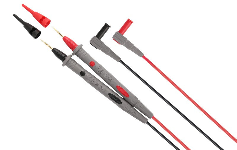 UNI-T UT-L90 Fine-Tip Test Probes (Test Leads) – CAT II 1000V, 10A, 1.2 m for Multimeters & Clamp Meters - two grey probes with fine metal tips, two removable protective caps, and two right-angle connectors in red and black.
