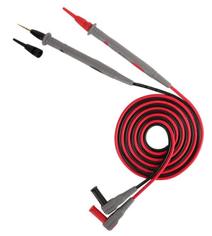 UNI-T UT-L90 Fine-Tip Test Probes (Test Leads) – CAT II 1000V, 10A, 1.2 m for Multimeters & Clamp Meters - a coiled red and black cable with angled connectors at one end and fine-tip probes with a removable cap at the other.