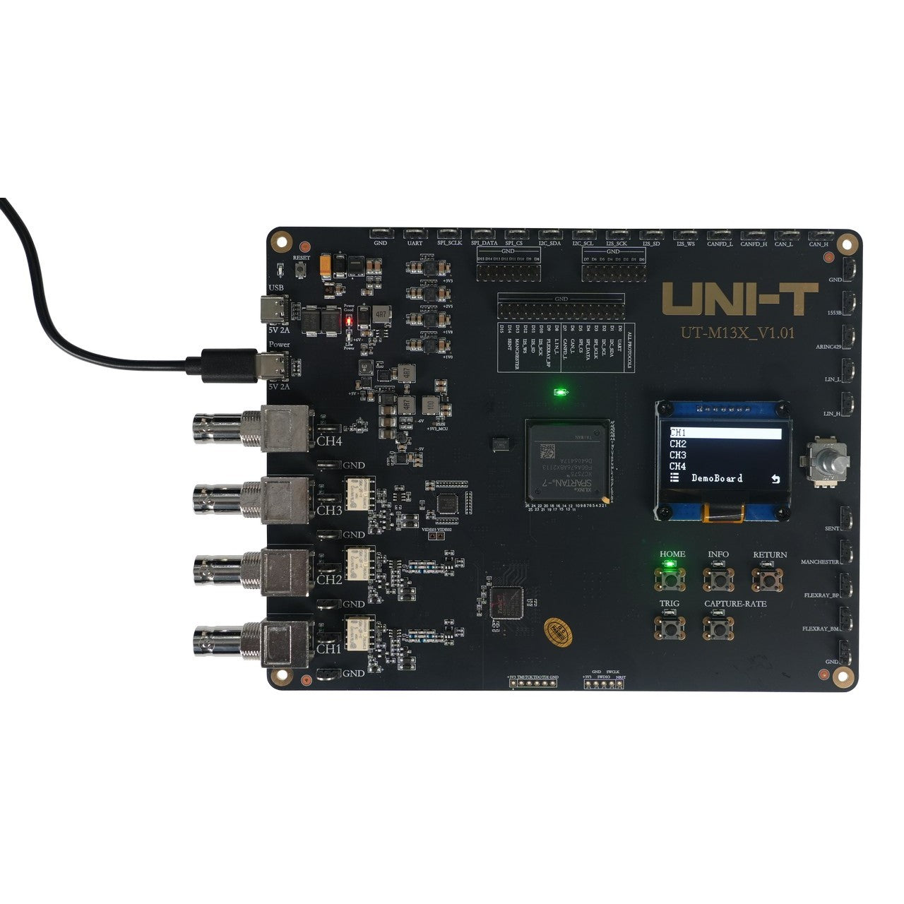 UNI-T UT-M13X Oscilloscope Demo Board – USB-Powered Signal Source, 40 Test Waveforms for UNI-T Oscilloscopes - a black square circuit board with four BNC connectors, a USB power cable, and an OLED display showing DemoBoard.