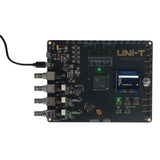 UNI-T UT-M13X Oscilloscope Demo Board – USB-Powered Signal Source, 40 Test Waveforms for UNI-T Oscilloscopes - a black square circuit board with four BNC connectors, a USB power cable, and an OLED display showing DemoBoard.