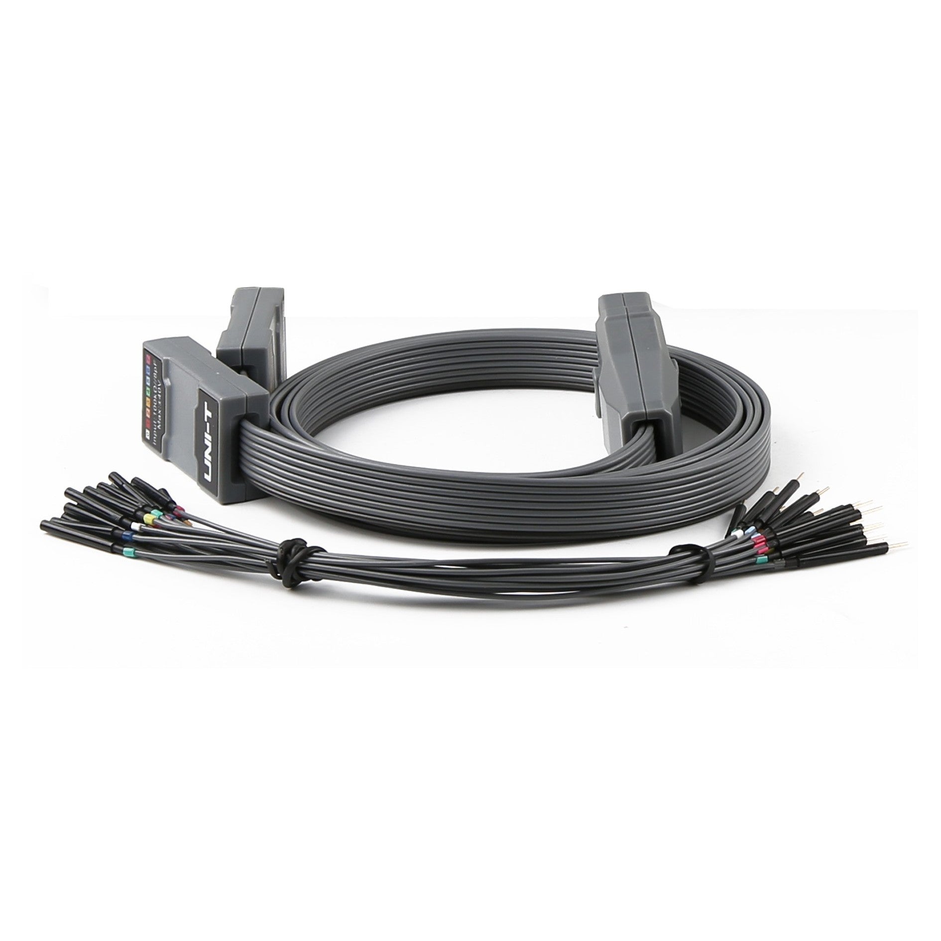 UNI-T UT-M15 16-Channel Logic Analyzer Probe Pod – for UPO/MSO Series Oscilloscopes (Mixed-Signal Debugging) - a grey multi-wire ribbon cable with two connector heads and individual color-coded wire leads.