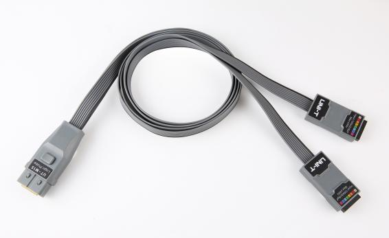 UNI-T UT-M15 16-Channel Logic Analyzer Probe Pod – for UPO/MSO Series Oscilloscopes (Mixed-Signal Debugging) - a grey cable with one probe head on one end and two grey connector heads on the other.