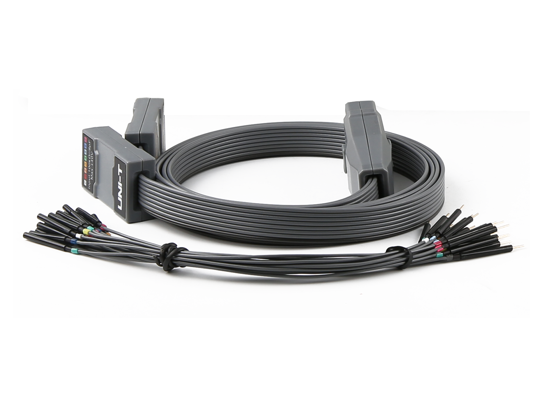 UNI-T UT-M15 16-Channel Logic Analyzer Probe Pod – for UPO/MSO Series Oscilloscopes (Mixed-Signal Debugging) - a grey multi-wire cable, two grey connector housings, and a bundle of individual wire leads.