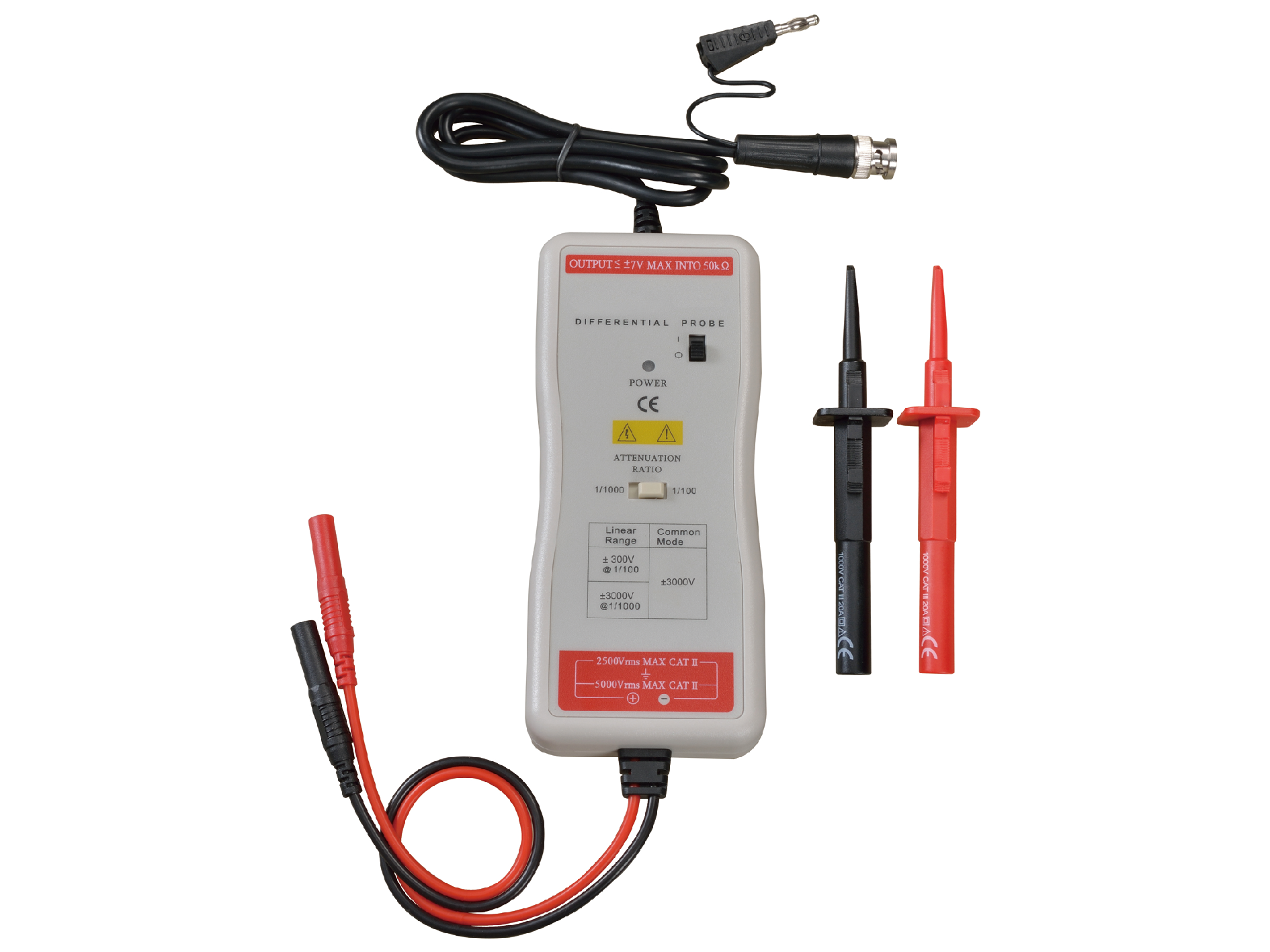 UNI-T UT-P32 HV Differential Oscilloscope Probe – 50 MHz, 100:1/1000:1, 3000 Vpp, CAT III - a grey handheld unit with a power switch, attenuation ratio selector, BNC connector, and red and black test leads.