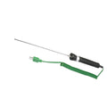 UNI-T UT-T03 Submersed Thermocouple Probe – -50°C to 600°C, 180 mm Probe, 1 m Lead, Fully Metal-Covered for Liquid & Gel Temperature Measurement - a long metal rod attached to a black handle with a green coiled cable and a two-pin connector.