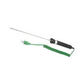 UNI-T UT-T03 Submersed Thermocouple Probe – -50°C to 600°C, 180 mm Probe, 1 m Lead, Fully Metal-Covered for Liquid & Gel Temperature Measurement - a long metal rod attached to a black handle with a green coiled cable and a two-pin connector.