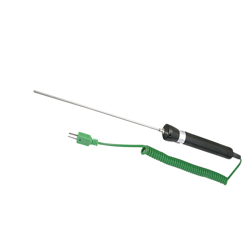UNI-T UT-T03 Submersed Thermocouple Probe – -50°C to 600°C, 180 mm Probe, 1 m Lead, Fully Metal-Covered for Liquid & Gel Temperature Measurement - a long metal rod attached to a black handle with a green coiled cable and a two-pin connector.