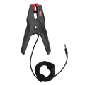 UNI-T UT-T19 Temperature Clamp – NTC Sensor, -50°C to +150°C, ±0.5°C, 6–42 mm Pipe, 2 m Wire, Wired Clamp for UT336P HVAC Pressure Gauge - a black spring-loaded clamp with red jaws and a long black cable ending in a 3.5mm audio-style connector.