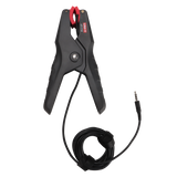 UNI-T UT-T19 Temperature Clamp – NTC Sensor, -50°C to +150°C, ±0.5°C, 6–42 mm Pipe, 2 m Wire, Wired Clamp for UT336P HVAC Pressure Gauge - a black spring-loaded clamp with red jaws and a long black cable ending in a 3.5mm audio-style connector.