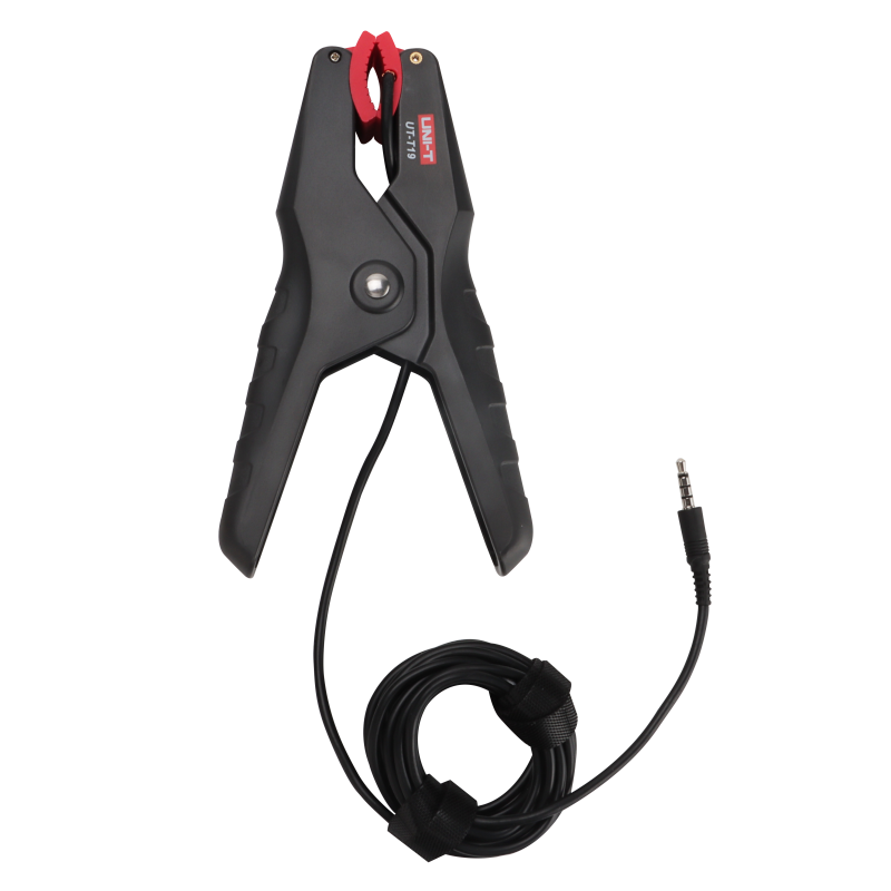 UNI-T UT-T19 Temperature Clamp – NTC Sensor, -50°C to +150°C, ±0.5°C, 6–42 mm Pipe, 2 m Wire, Wired Clamp for UT336P HVAC Pressure Gauge - a black spring-loaded clamp with red jaws and a long black cable ending in a 3.5mm audio-style connector.