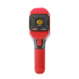 UNI-T UT-Z002 Macro Lens for Thermal Cameras – Close-Up Adapter for UTI260B & UTI720A Thermal Imagers - a red and grey handheld thermal camera attachment with a central lens and a red trigger button on a white background.