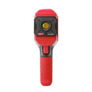 UNI-T UT-Z002 Macro Lens for Thermal Cameras – Close-Up Adapter for UTI260B & UTI720A Thermal Imagers - a red and grey handheld thermal camera attachment with a central lens and a red trigger button on a white background.