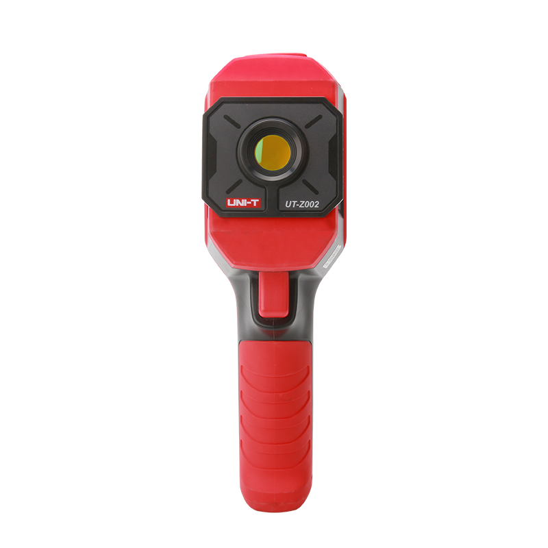 UNI-T UT-Z002 Macro Lens for Thermal Cameras – Close-Up Adapter for UTI260B & UTI720A Thermal Imagers - a red and grey handheld thermal camera attachment with a central lens and a red trigger button on a white background.