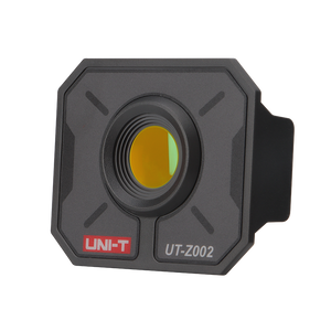 UNI-T UT-Z002 Macro Lens for Thermal Cameras – Close-Up Adapter for UTI260B & UTI720A Thermal Imagers - a black square-shaped close-up adapter for thermal cameras with a central yellow-tinted circular lens and visible branding.