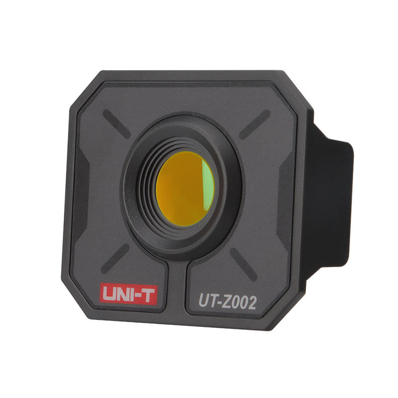 UNI-T UT-Z002 Macro Lens for Thermal Cameras – Close-Up Adapter for UTI260B & UTI720A Thermal Imagers - a black square-shaped close-up adapter for thermal cameras with a central yellow-tinted circular lens and visible branding.