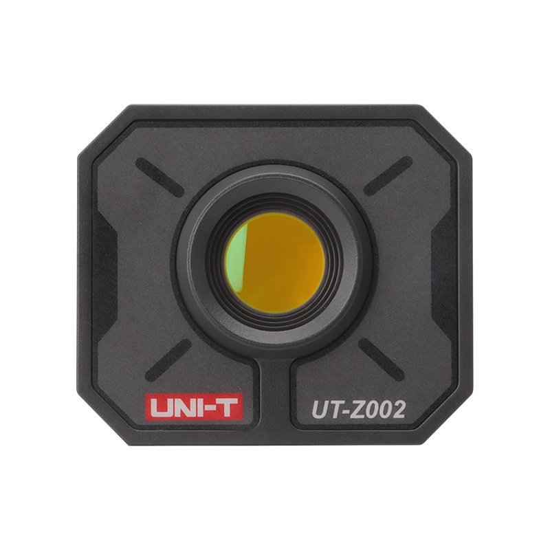 UNI-T UT-Z002 Macro Lens for Thermal Cameras – Close-Up Adapter for UTI260B & UTI720A Thermal Imagers - a square black close-up adapter for thermal cameras with a central circular yellow-tinted glass lens and the model number printed.