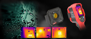 UNI-T UT-Z002 Macro Lens for Thermal Cameras – Close-Up Adapter for UTI260B & UTI720A Thermal Imagers - a black square lens adapter, a red thermal imager with a screen displaying a heat map, and three circuit board thermal images.