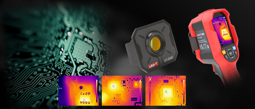UNI-T UT-Z002 Macro Lens for Thermal Cameras – Close-Up Adapter for UTI260B & UTI720A Thermal Imagers - a black square lens adapter, a red thermal imager with a screen displaying a heat map, and three circuit board thermal images.
