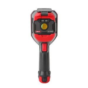 UNI-T UT-Z003 Macro Lens for Thermal Cameras – Close-Up Adapter for UTI730E, UTI720E, UTI730V & UTI720V - shown attached to the front of a red and black handheld thermal camera, featuring a circular yellow lens and a trigger handle.