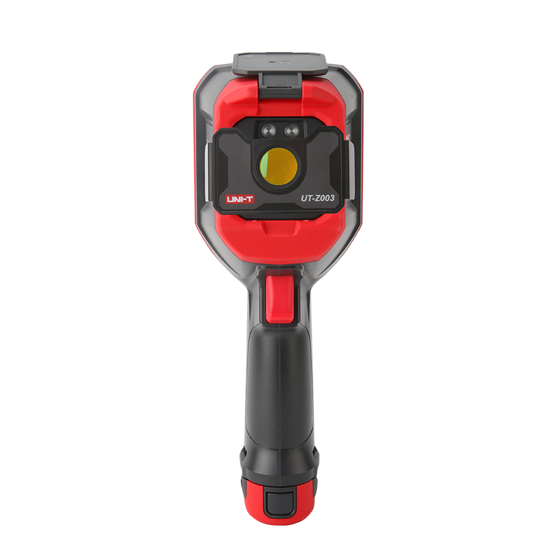 UNI-T UT-Z003 Macro Lens for Thermal Cameras – Close-Up Adapter for UTI730E, UTI720E, UTI730V & UTI720V - shown attached to the front of a red and black handheld thermal camera, featuring a circular yellow lens and a trigger handle.
