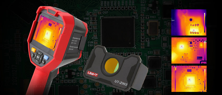 UNI-T UT-Z003 Macro Lens for Thermal Cameras – Close-Up Adapter for UTI730E, UTI720E, UTI730V & UTI720V - shown with a red thermal camera displaying a heat map of a circuit board and three additional thermal images on the right.