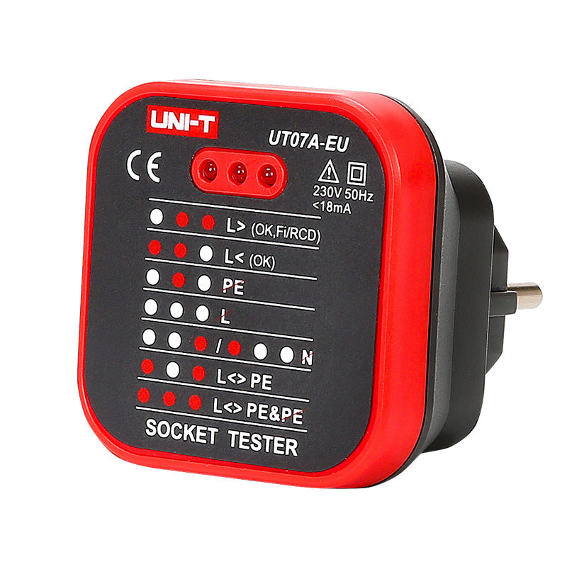 UNI-T UT07A-EU Socket Tester for EU Schuko Outlets – Mains Power Socket Wiring Fault Checker with Earth (PE), Live, Neutral & Reverse Polarity Detection, 230V 50/60Hz - a red and black square device with three red indicator lights and a printed wiring fault guide on its front face.