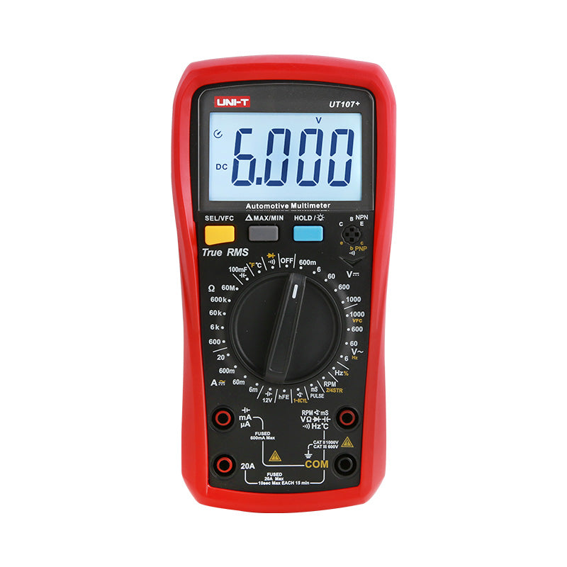 UNI-T UT107+ True RMS Automotive Multimeter – 6000 Count, RPM, Dwell Angle, Pulse Width, Battery Test, Temperature, 1000V AC/DC, VFC, CAT III 600V - a red handheld device with a central dial, buttons, input ports, and a digital display showing 6.000 DC volts.