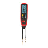 UNI-T UT116A SMD Tester – Tweezer Component Tester, Auto-Identify Resistance, Capacitance, Diode, LED/Zener, 3000 Count, 180° Rotating Pen - a red and black tweezer-style multimeter with a digital display showing 0.000, two buttons, and a rotating test probe tip.
