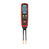 UNI-T UT116C SMD Tester – Tweezer Component Tester, Auto-Identify Resistance, Capacitance up to 100mF, Diode, LED/Zener, Battery Test, 6000 Count, 180° Rotating Pen - a red handheld tweezer-style device with a digital display showing 0.000, two yellow and black control buttons, and gold tips.