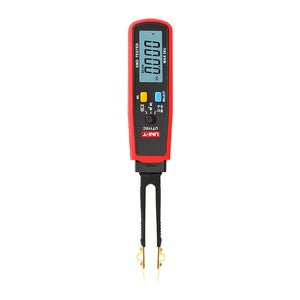 UNI-T UT116C SMD Tester – Tweezer Component Tester, Auto-Identify Resistance, Capacitance up to 100mF, Diode, LED/Zener, Battery Test, 6000 Count, 180° Rotating Pen - a red handheld tweezer-style device with a digital display showing 0.000, two yellow and black control buttons, and gold tips.