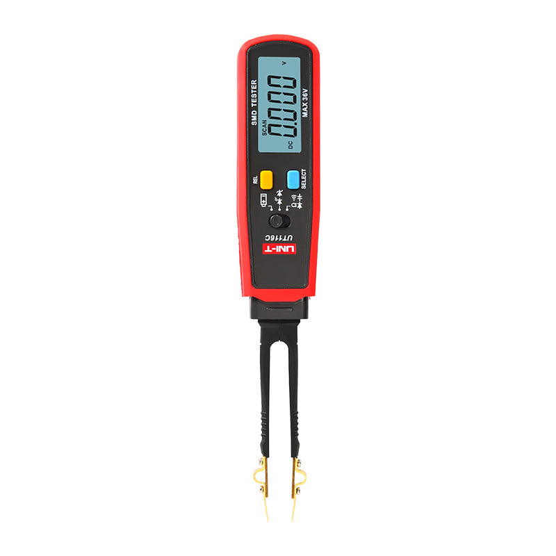 UNI-T UT116C SMD Tester – Tweezer Component Tester, Auto-Identify Resistance, Capacitance up to 100mF, Diode, LED/Zener, Battery Test, 6000 Count, 180° Rotating Pen - a red handheld tweezer-style device with a digital display showing 0.000, two yellow and black control buttons, and gold tips.