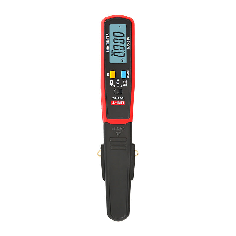 UNI-T UT116C SMD Tester – Tweezer Component Tester, Auto-Identify Resistance, Capacitance up to 100mF, Diode, LED/Zener, Battery Test, 6000 Count, 180° Rotating Pen - a red and black handheld tweezer meter with a digital display showing 0.000, two buttons, and a central mode selection switch.
