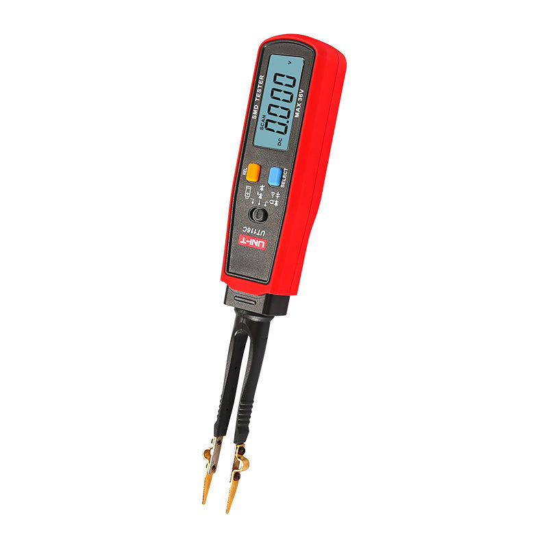 UNI-T UT116C SMD Tester – Tweezer Component Tester, Auto-Identify Resistance, Capacitance up to 100mF, Diode, LED/Zener, Battery Test, 6000 Count, 180° Rotating Pen - a red and black handheld tweezer-style meter with a digital display showing 0.000, two control buttons, and gold-plated tips.