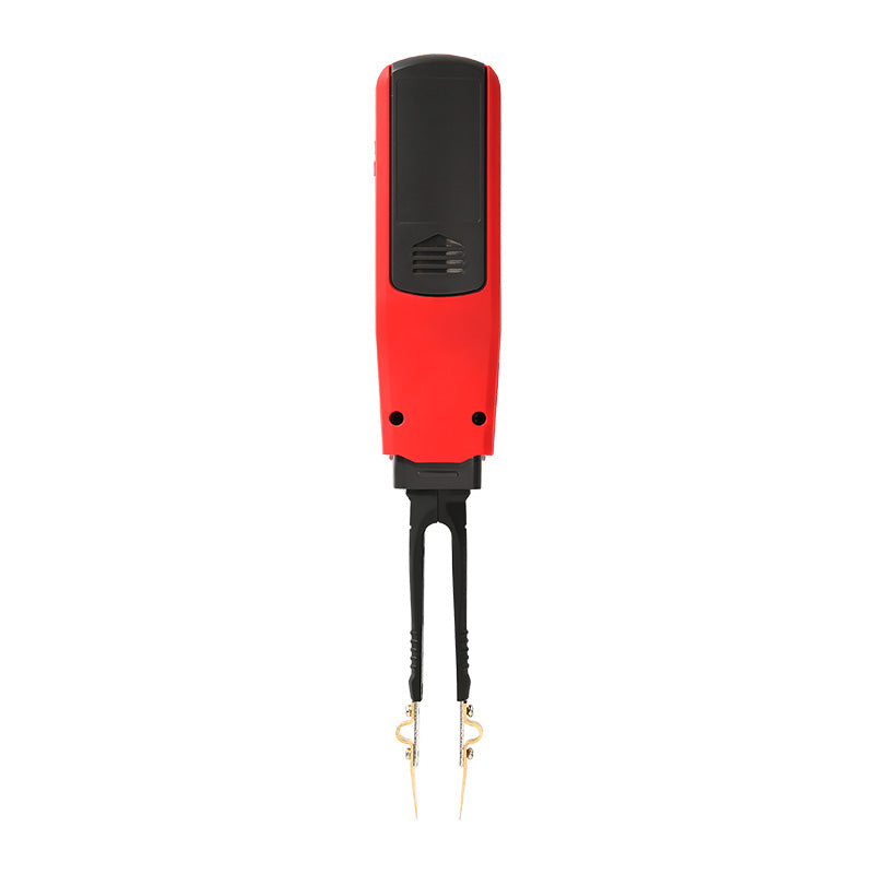 UNI-T UT116C SMD Tester – Tweezer Component Tester, Auto-Identify Resistance, Capacitance up to 100mF, Diode, LED/Zener, Battery Test, 6000 Count, 180° Rotating Pen - a red and black handheld device with a pair of gold-coloured metal tweezer tips extending from the bottom.