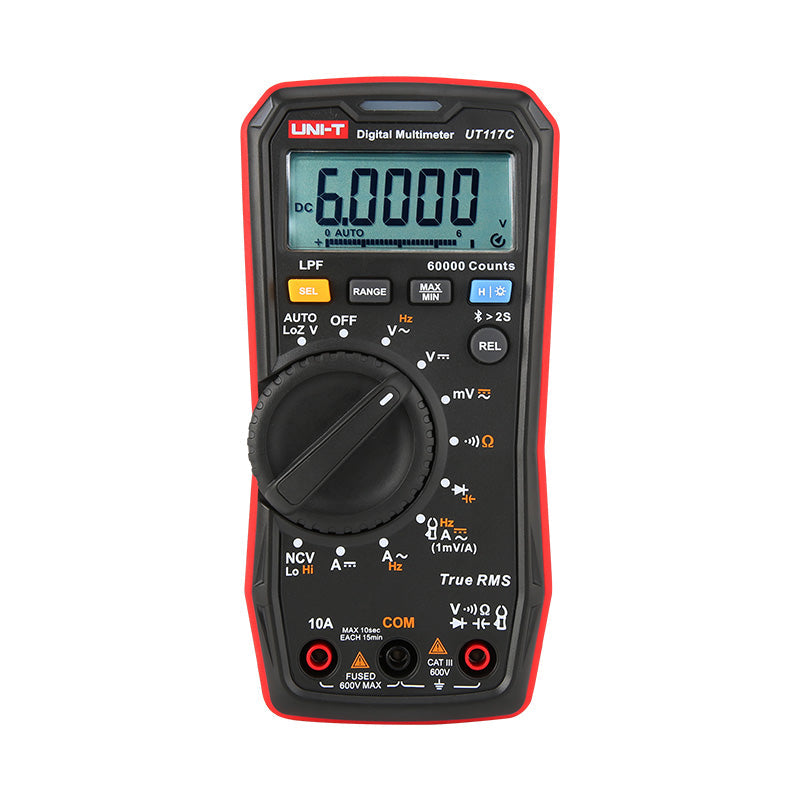 UNI-T UT117C High-Precision True RMS Digital Multimeter – 60000 Count, Bluetooth, LoZ, LPF, AutoVolt, NCV, AC/DC 600V, Capacitance, Frequency, 2m Drop-Proof - in a black and red case, featuring a rotary dial, function buttons, input ports, and a screen displaying 6.0000.